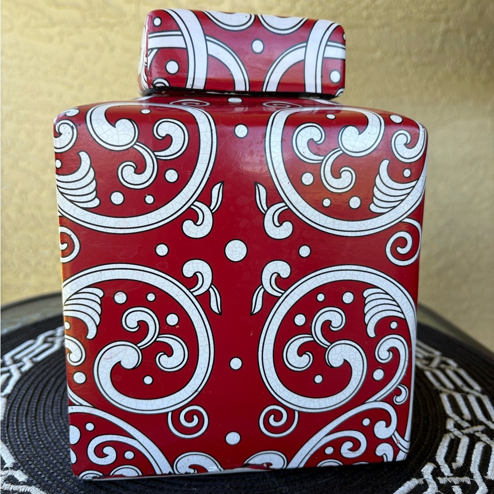 Swirly design, square ceramic canisterer: red, white and black